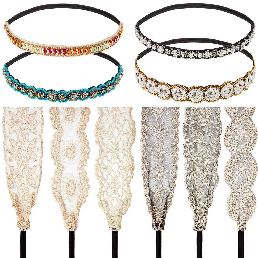 10 Pieces Rhinestone Beaded Headbands Elastic Elegant Lace Handmade